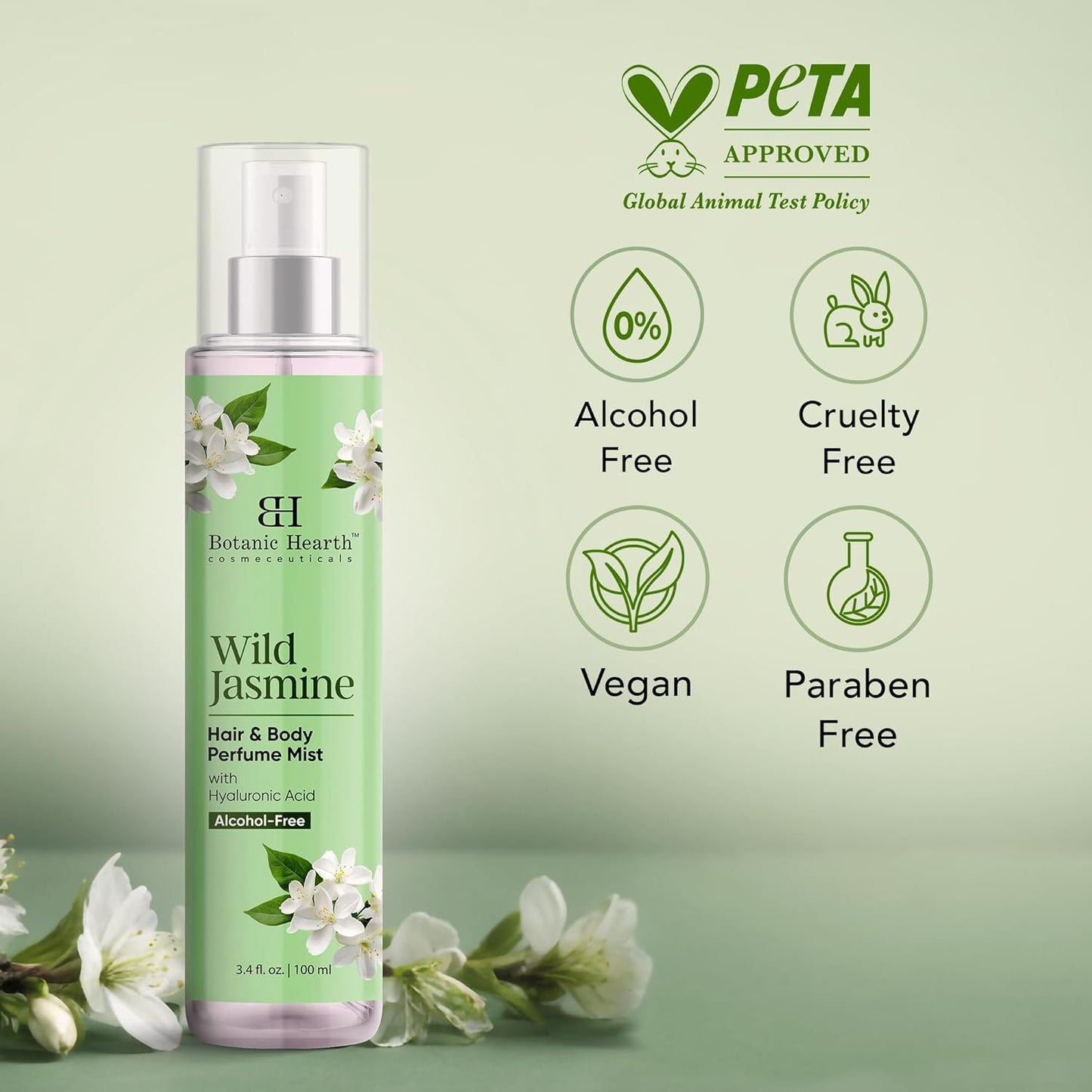 Botanic Hearth Wild Jasmine Hair & Body Perfume Mist with Hyaluronic Acid, Alcohol-Free, Long Lasting Hydrating Body & Hair Spray, 3.4 fl oz / 100 ml