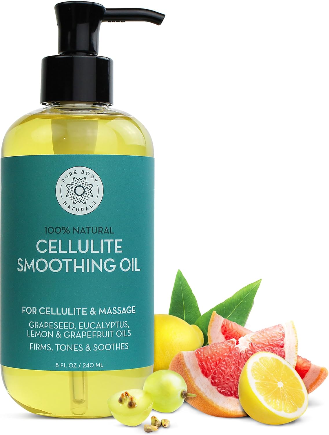 Pure Body Naturals Anti Cellulite Massage Oil, 8 fl oz | 100% Natural Cellulite Remover for Legs and Thighs | Chemical Free Firming Body Massage Oil for Women, Tightens Skin and Reduces Stretch Marks