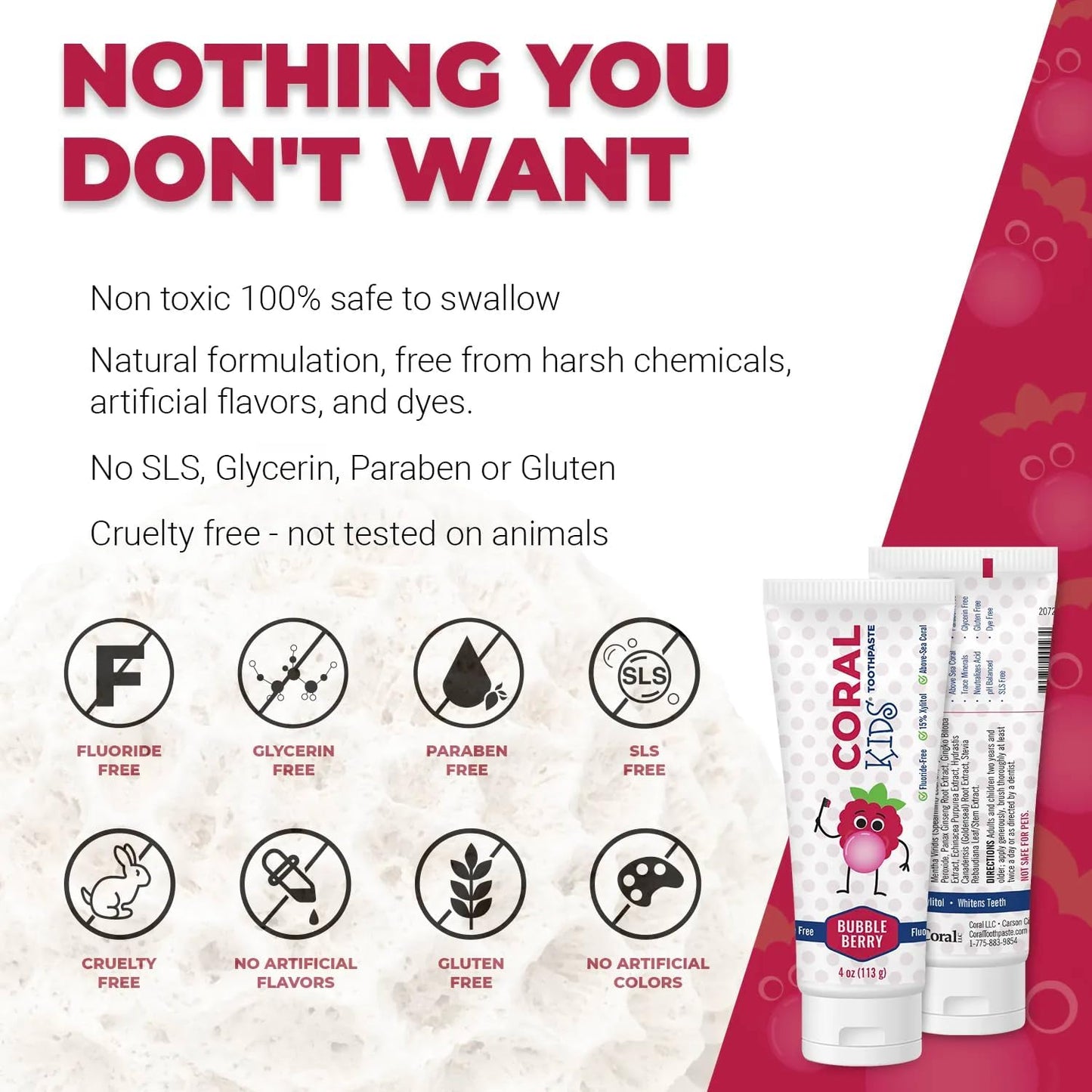 Coral White Kids Bubble Berry Fluoride Free Toothpaste - 4 Ounces (3 Pack)