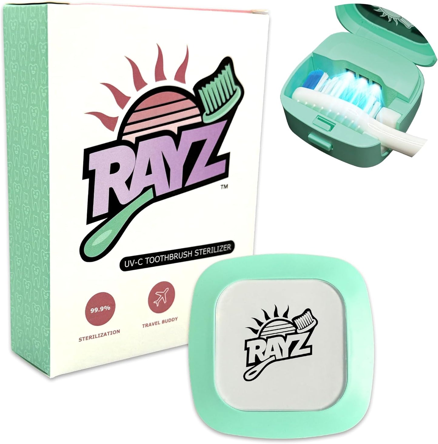 Rayz UV-C Toothbrush Sanitizer | Portable & Rechargeable | 99.9% Sanitization in 3 Minutes | Wall Mountable, Travel-Friendly & TSA-Approved (Mint)