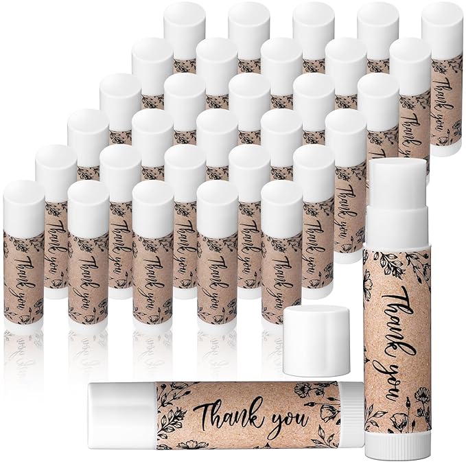 30 Pcs Thank You Lip Balms Bulk Wedding Bridal Shower Favors for Guests Wedding Souvenirs Moisturizing Floral Lip Balm Gifts for Bachelorette Party Bridesmaid Baby Shower, Classic Wood Grain
