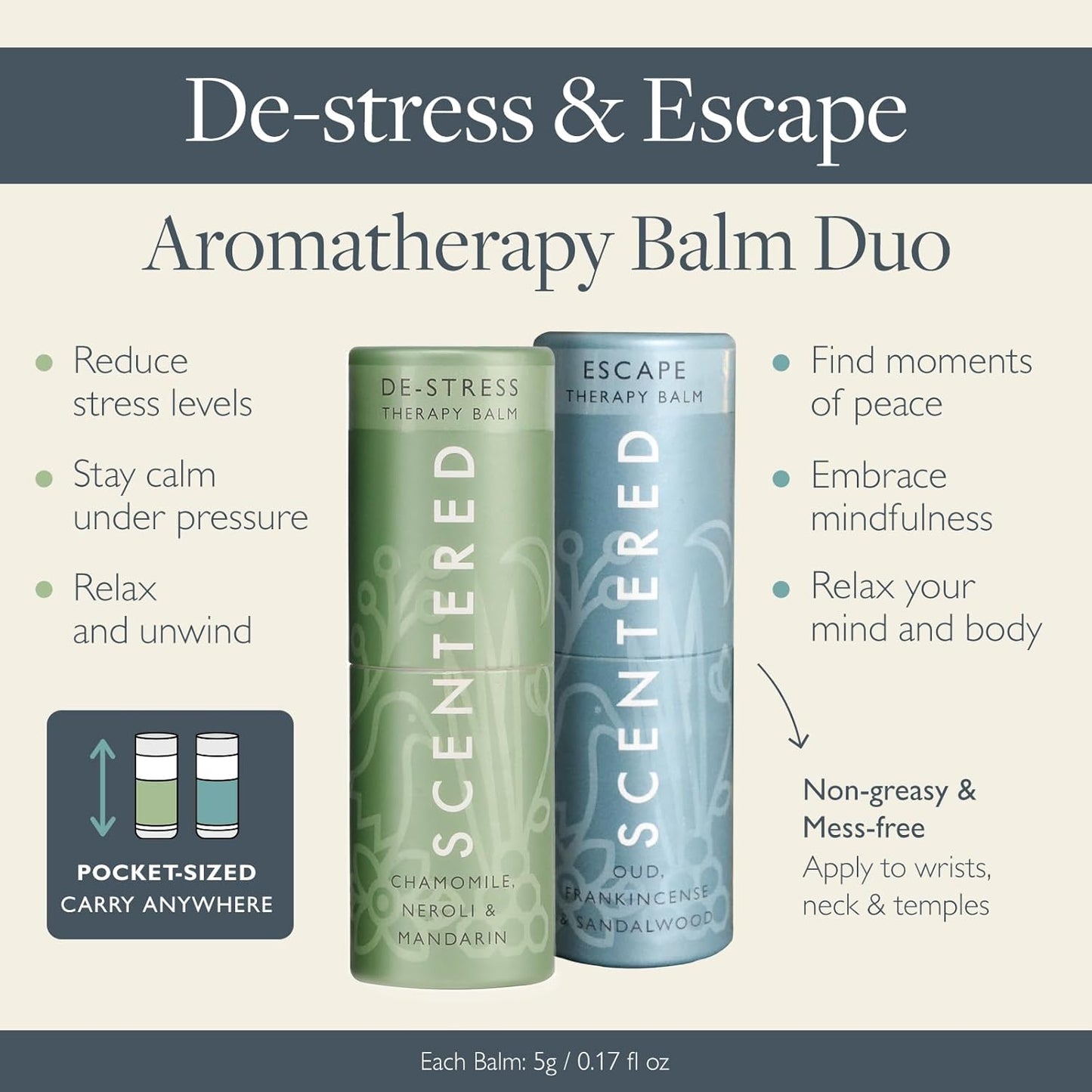 Scentered Aromatherapy Balm Stick Duo for Stress-Relief & Meditation - Roll On Essential Oil Blends of Frankincense, Oud, Chamomile - Aromatherapy Gifts for Women - De-Stress & Escape