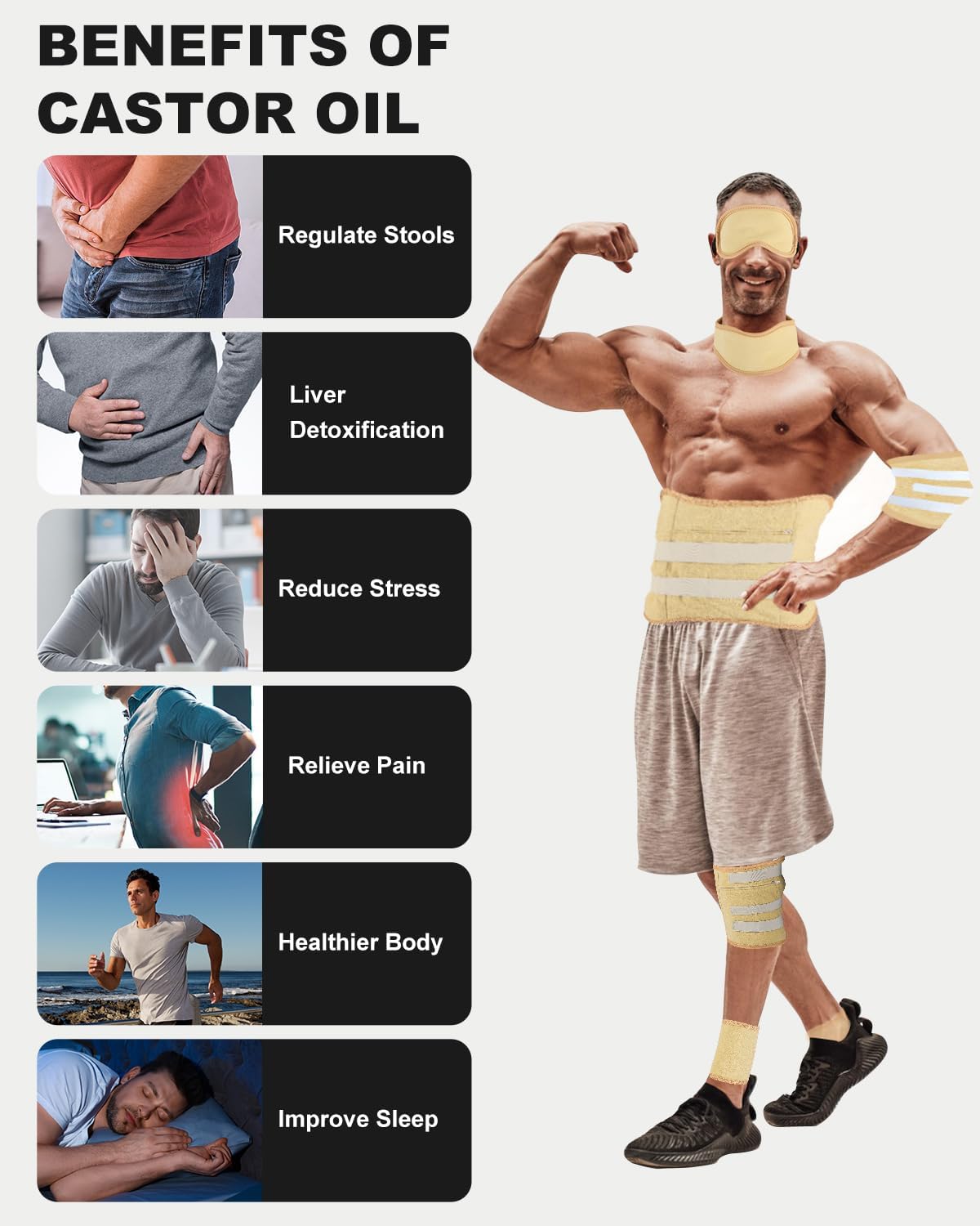 10 Pcs Castor Oil Pack Wrap, Plus Size Castor Oil Pack for Men Women, XL Reusable Castor Oil Wrap Kit for Eyes Neck Stomach Waist Knees Legs Feet, Flannel Cotton, Anti Oil Leak, Machine Washable