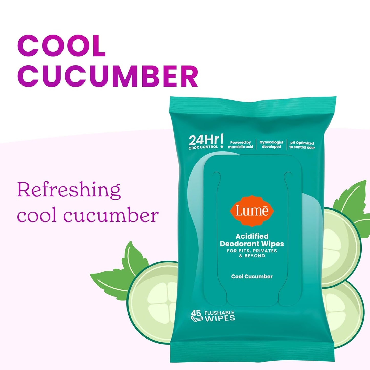 Lume Acidified Deodorant Wipes - 24 Hour Odor Control - Aluminum Free, Baking Soda Free, Skin Loving - 45 Count (Pack of 2) (Cool Cucumber)