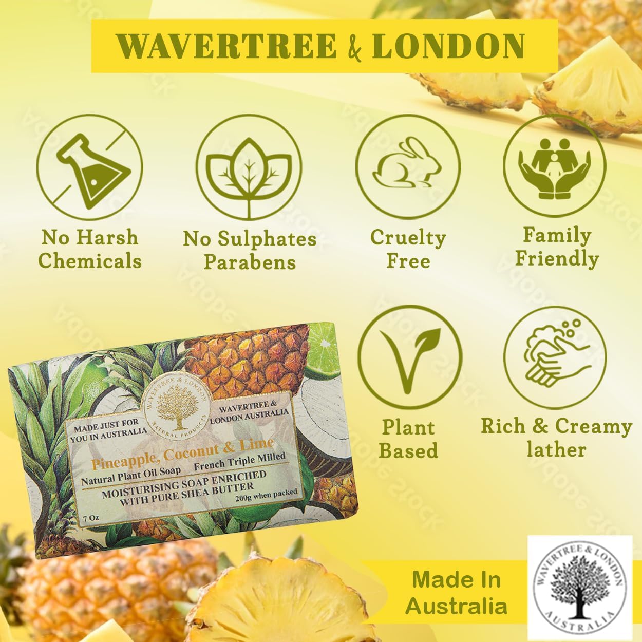 Wavertree & London Pineapple, Coconut & Lime Scented Natural Soap Bar, 7oz Moisturizing French Triple Milled Soap Bar for Women & Men enriched with shea butter - Pure Bath & Body soap bar