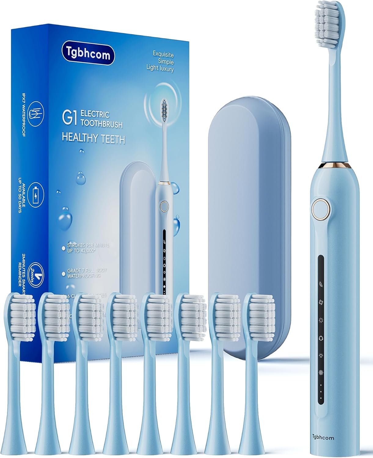 Blue Electric Toothbrushes, with 8 Brush Heads, 1 Travel Toothbrush Case, for Adults and Kid Electric Toothbrush, Long 180-Day Battery Life, 6 Modes, IPX7 Waterproof, Smart 2-Minute Timer.