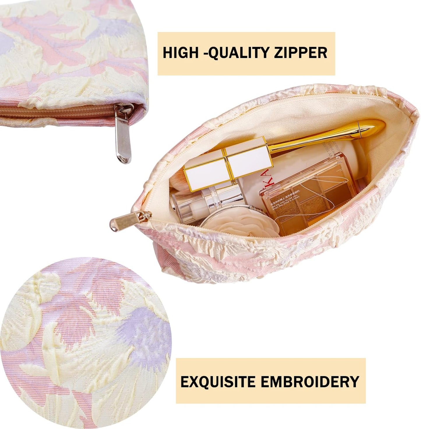2 Pcs Makeup Bags, Large Cosmetic Bag Travel Toiletry Bag Organizer for Women, Embroidery Craft, Floral Makeup Bag Small Cosmetic Pouch Purse with Zipper Gifts for Girls Teen