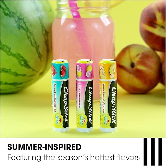 ChapStick I Love Summer Collection Pink Lemonade, Peaches and Cream, and Sweet Watermelon Lip Balm Tubes Variety Pack, Lip Balm Variety Pack - 0.15 Oz Each (Pack of 3)
