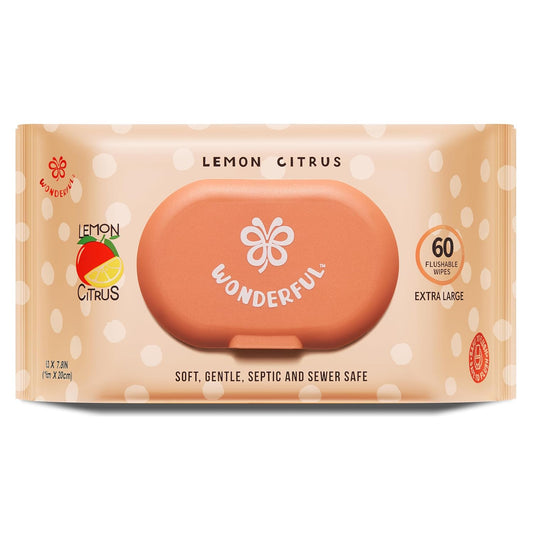 WONDERFUL Flushable Butt Wipes, Lemon Citrus 100% Plant-Based Wet Wipes for Adults & Kids; Sewer, Septic Safe; Gentle for Sensitive Skin, Wipes Flushable Pack for Bathroom & Travel, 1-Pack (60 Wipes)