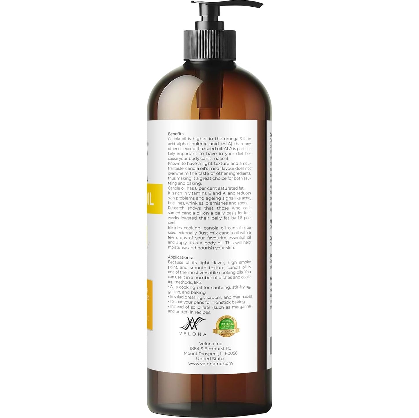 velona Canola Seed Oil 16 fl oz | 100% Pure and Natural Carrier Oil | Refined, Expeller pressed | Cooking, Dressing, Skin, Face, Body, Hair Care | Use Today - Enjoy Results