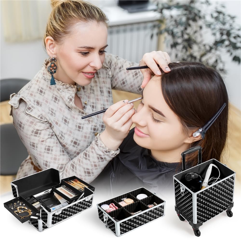 Yaheetech Rolling Makeup Train Case 3 in 1 Cosmetic Case Professional Makeup Suitcase Large Aluminum Cosmetic Trolley with Swivel Wheels and Key, Diamond Pattern- Black