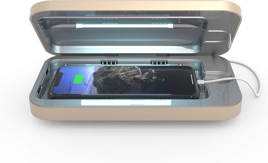 PhoneSoap 3 UV Cell Phone Sanitizer & Dual Universal Cell Phone Charger Box | Patented & Clinically Proven 360-Degree UV-C Light Sanitizer | Disinfects and Charges All Phones (Light Gold)