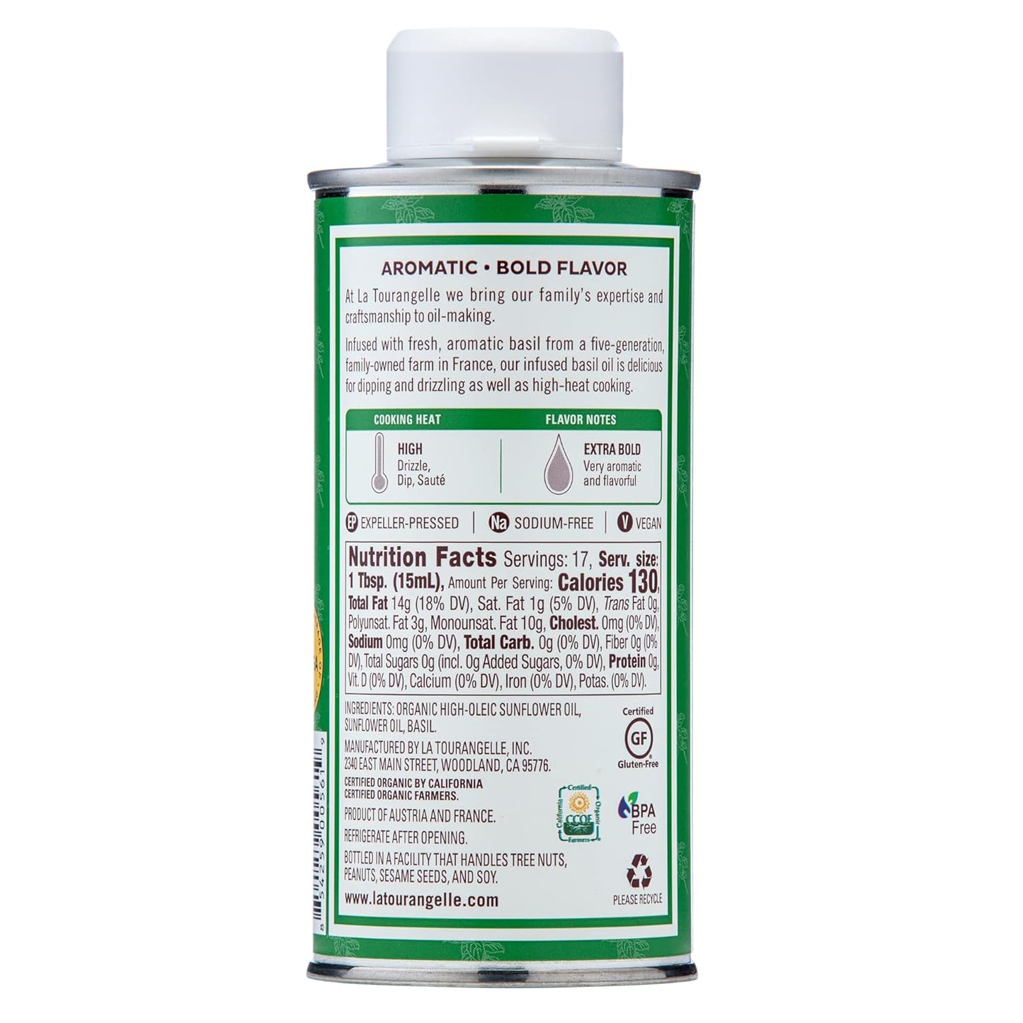 La Tourangelle, Basil Oil, Expeller-Pressed High-Oleic Oil, Great for Salads, Finishing Oil, Spread, Sauce, Dips, 8.45 fl oz