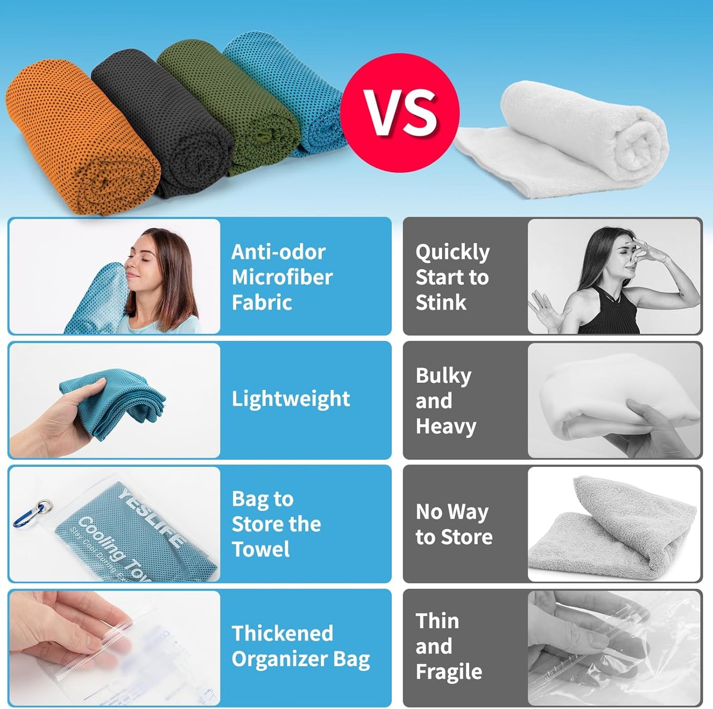 YESLIFE 4 Pack Cooling Towel 40"x12", Gym Towels for Men and Women, Soft Breathable Workout Towels for Yoga, Running, Sport, & More (Black, Army Green, Orange, Blue)