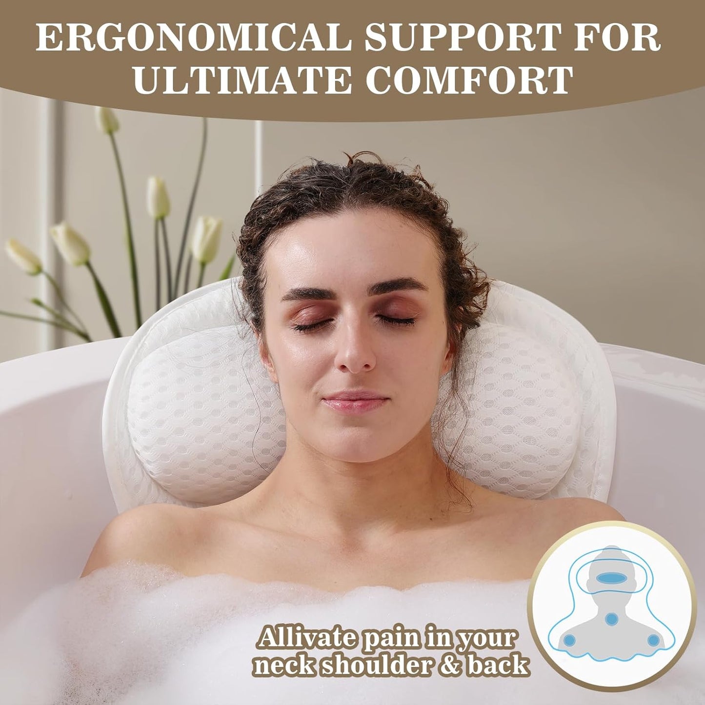 Bath Pillow Luxury Bathtub Pillow, Extra Soft & Comfortable Bath Pillows for Tub Head Neck and Back Support, with 4D Air Mesh Cushions & Non-Slip Suction Cups - Bath Accessories Spa Gifts for Women