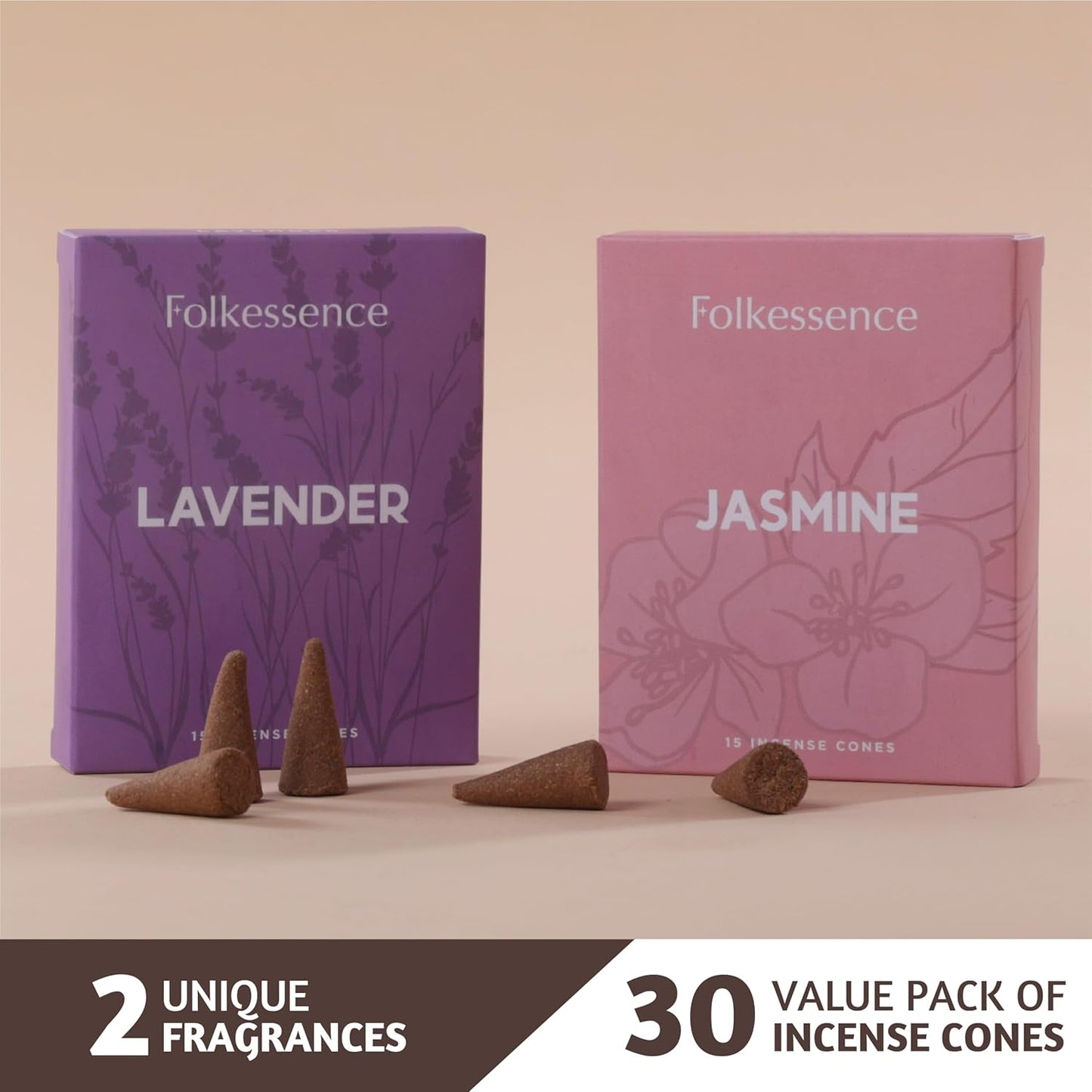 Folkulture Incense Cones Scented | Set of 2 Inscents-Cones (30 Cones) | Lavender & Jasmine | Variety Pack Insence Cones for Relaxation and Meditation | Isenses for Gifts for Her