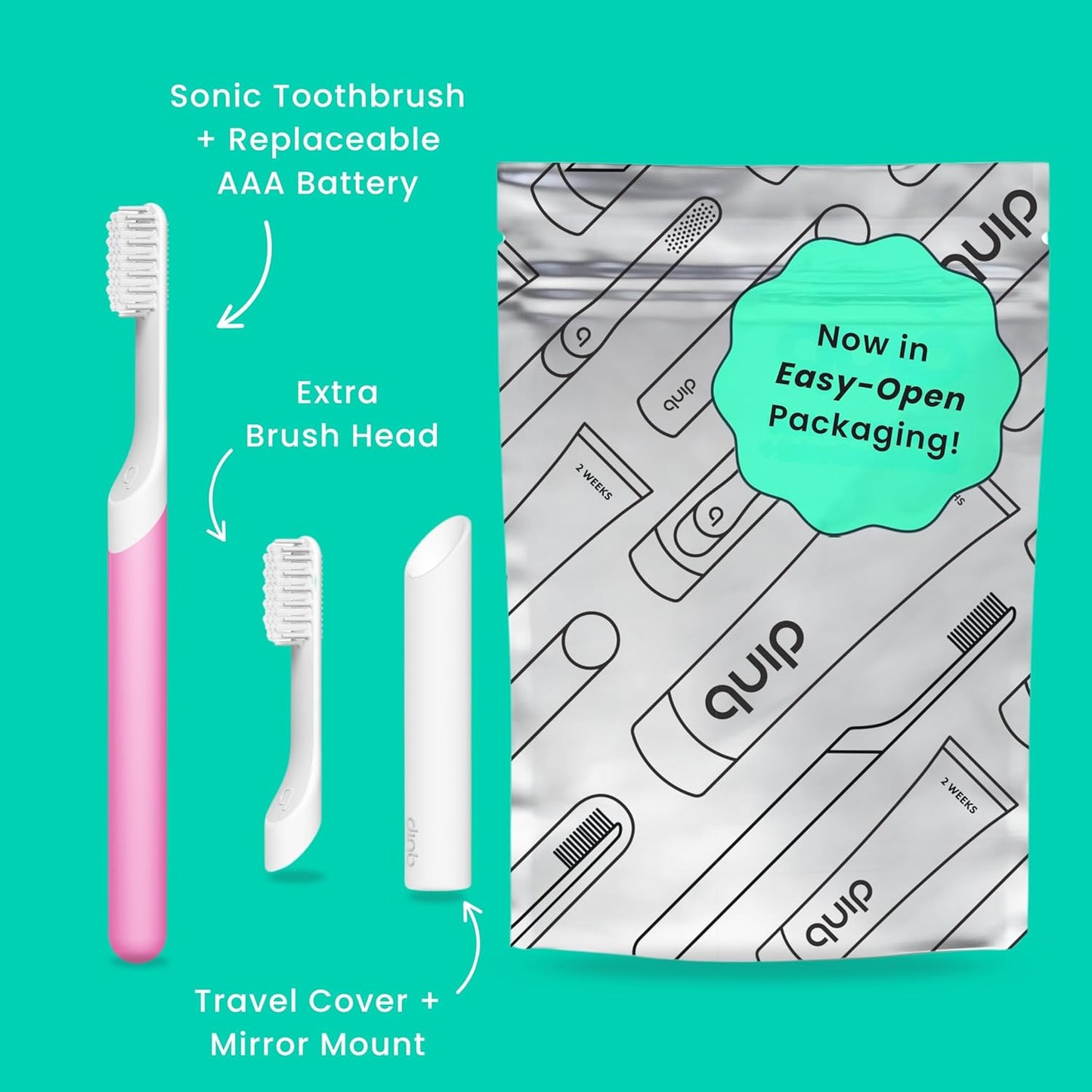 Quip Sonic Toothbrush for Adults with Timer - Includes Extra Brush Head and Travel Cover Mount - Electric, Soft Bristle Refill Head, Plastic Handle, 3 Month Battery Life - Travel Toothbrush - Magenta