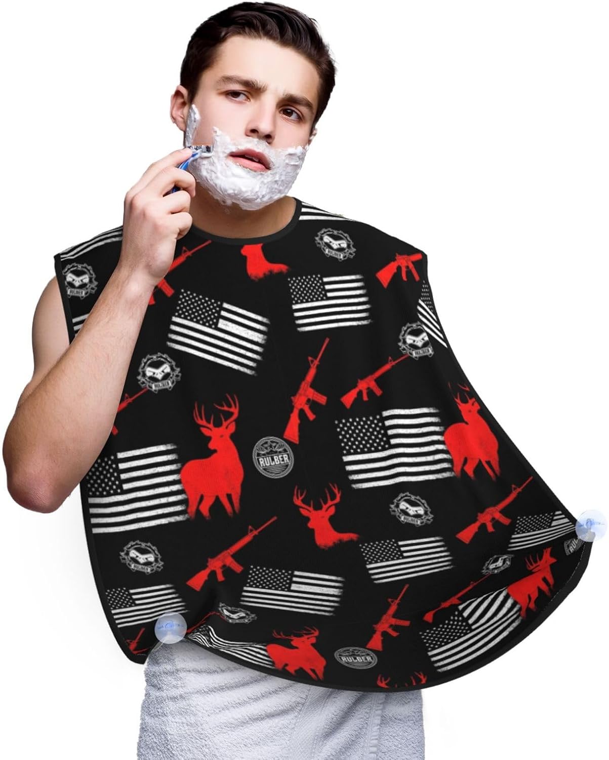 Beard Trimming Catcher Apron, Waterproof Non-Stick Grooming Bib for Shaving, Ideal for Men Dad Father’s Day, Thin Red Line American Hunting Deer Flag Shave Bib