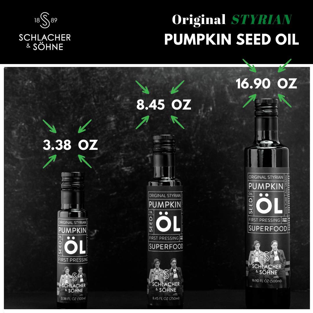 Schlacher & Söhne Styrian Pumpkin Seed Oil: 100% Pure, Cold Pressed, Non GMO, Gluten Free, Vegan, May Helps in Hair Growth, Made in Austria - 100 ml, 3.3 FL OZ (2 Pack)