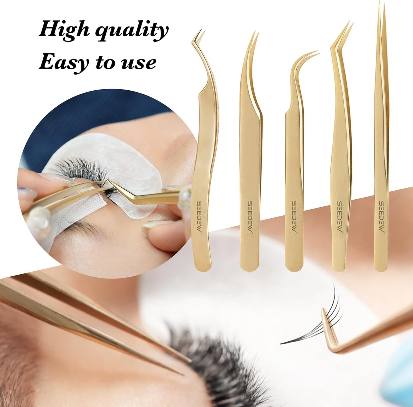 Tweezer Eyelash Extensions - 1 PCS Stainless Steel 45 Degree Curved Pointy Tweezer Isolation Professional Precision Supplies Lash Application Tools for Lash Tech and Artist (Golden)