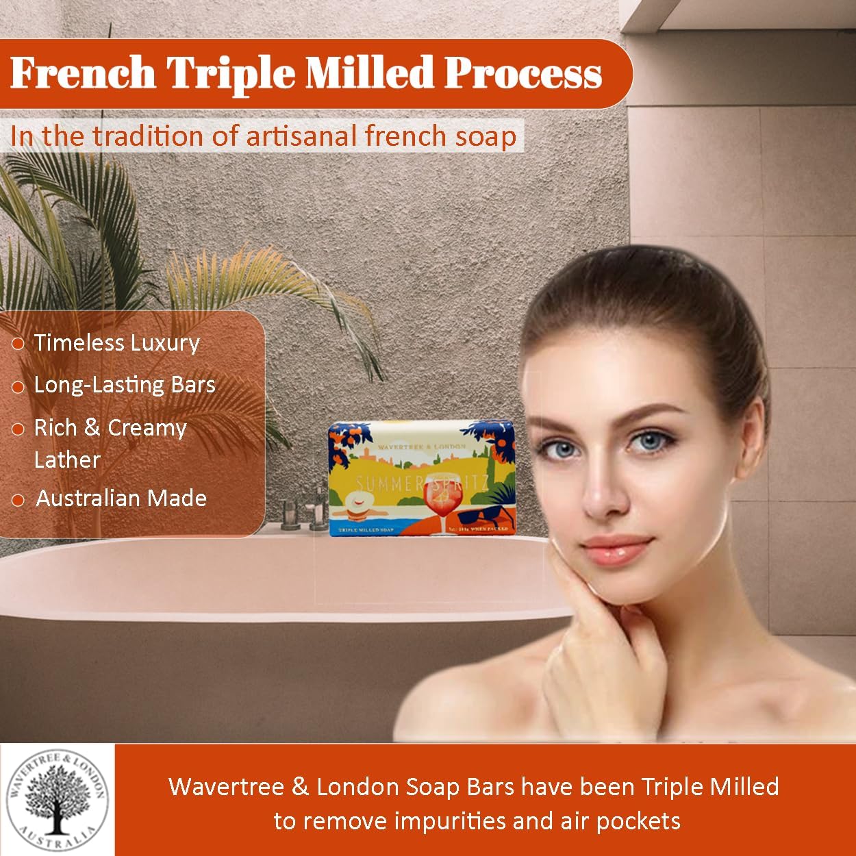 Wavertree & London Summer Spritz Scented Natural Soap Bar, 7oz Moisturizing French Triple Milled Soap Bar for Women & Men