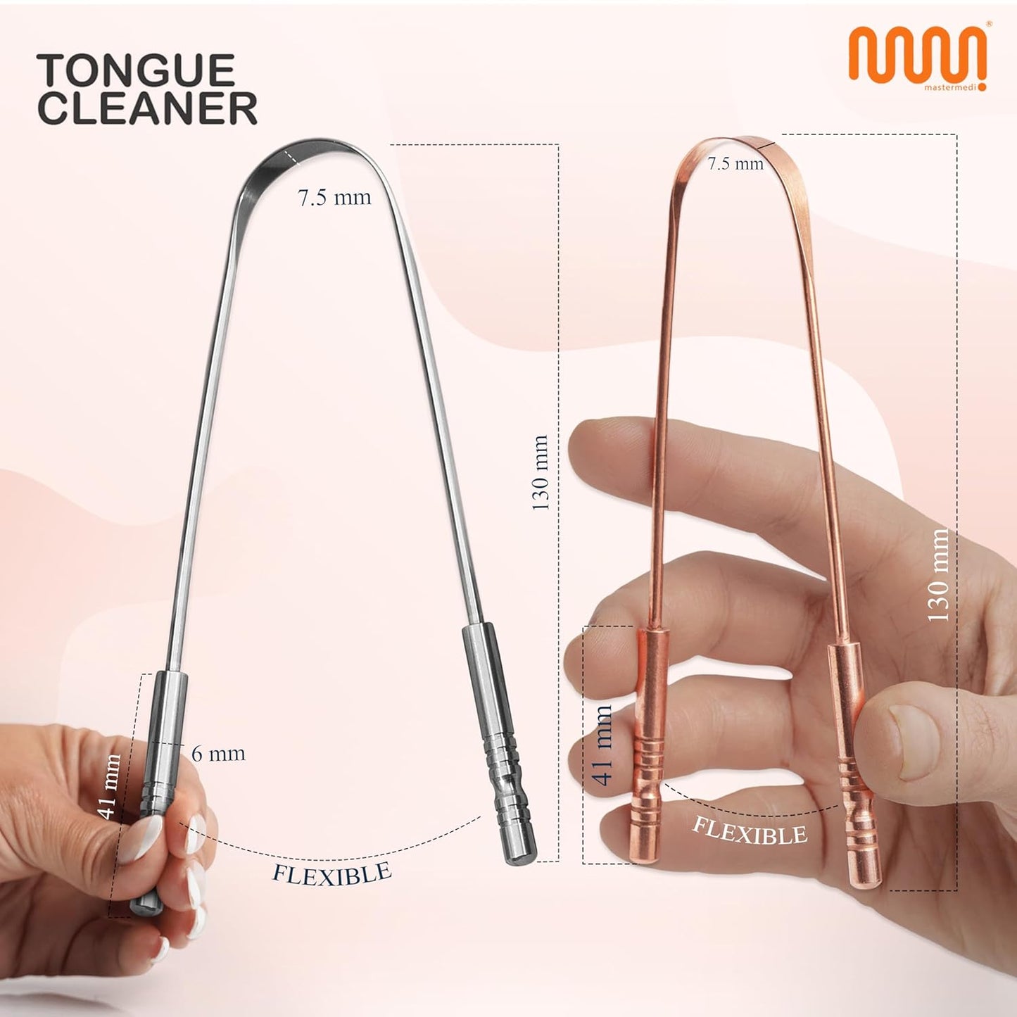 MasterMedi Tongue Scraper for Adults, 100% Stainless Steel & Copper Tongue Scrubber for Bad Breath, Easy to Use, Tongue Cleaner for Oral Care & Hygiene (Combo-2)