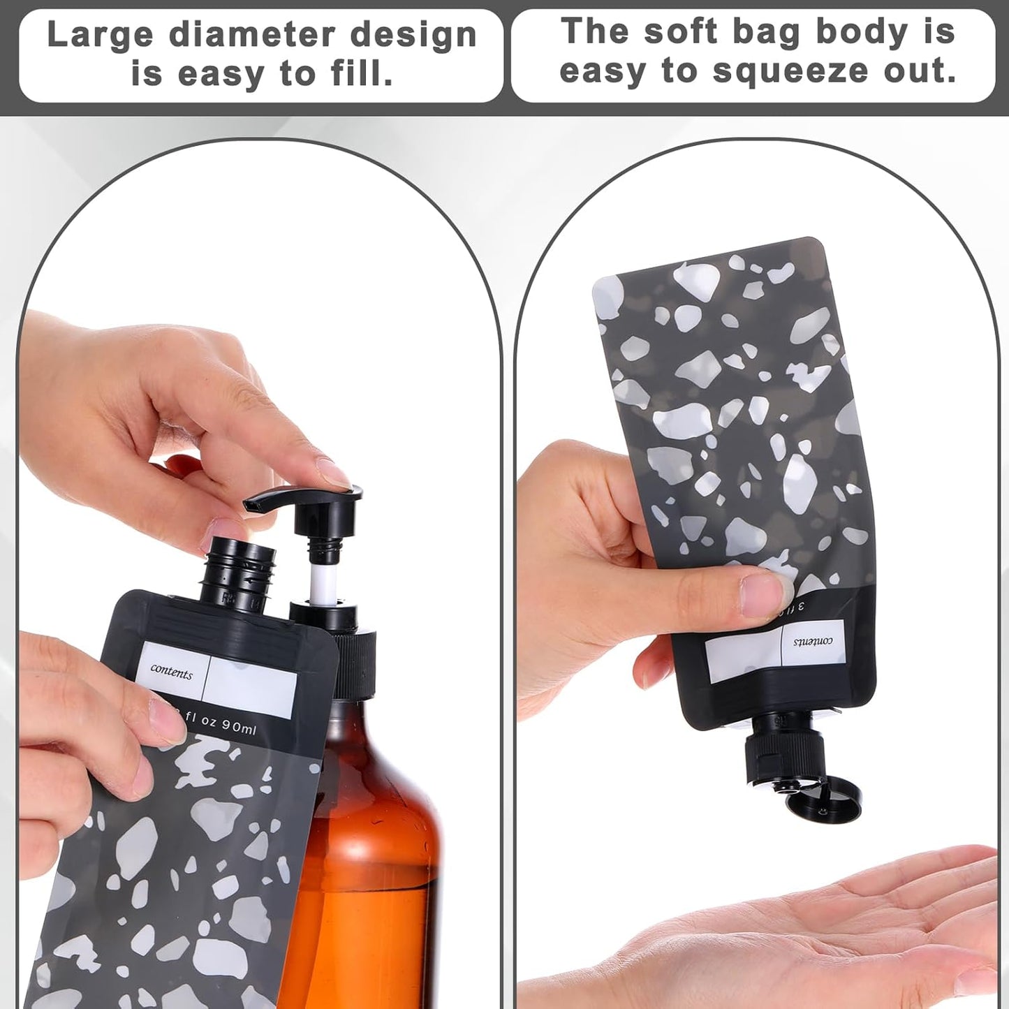 3 oz 6 PCS Refillable Size Containers Leak Proof Empty Squeeze Pouches Travel Shampoo Containers Pouches Travel Pouches for Toiletries for Shampoo Conditioner Face Cream Hand Soap（Black）