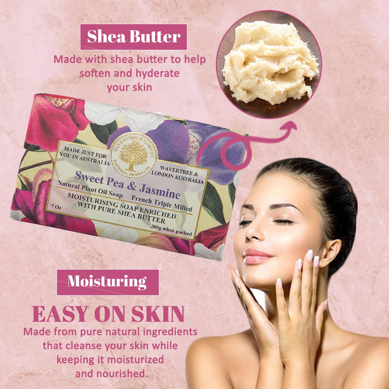 Wavertree & London Sweet Pea & Jasmine Scented Natural Soap (8 Bars), 7oz Moisturizing French Triple Milled Soap Bars enriched with shea butter - Pure Plant Oil Bath & Body Bars for All Skin Types