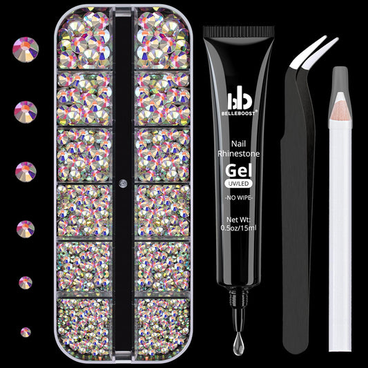 Nail Art Rhinestone Glue Gel&1 Box Flatback Gems Kit, 1 Tube of 15ml Rhinestone Gel Glue(UV/LED Needed)+Crystal AB Gems with Pickup Tools