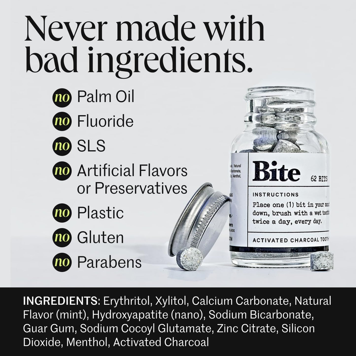 Bite Whitening Toothpaste Tablets – Nano Hydroxyapatite & Xylitol (Mint Charcoal) | Sensitive Teeth Friendly | No Fluoride, Vegan, Cruelty-Free | Travel-Size | 2 Bottles (124 Bits) | Made in USA