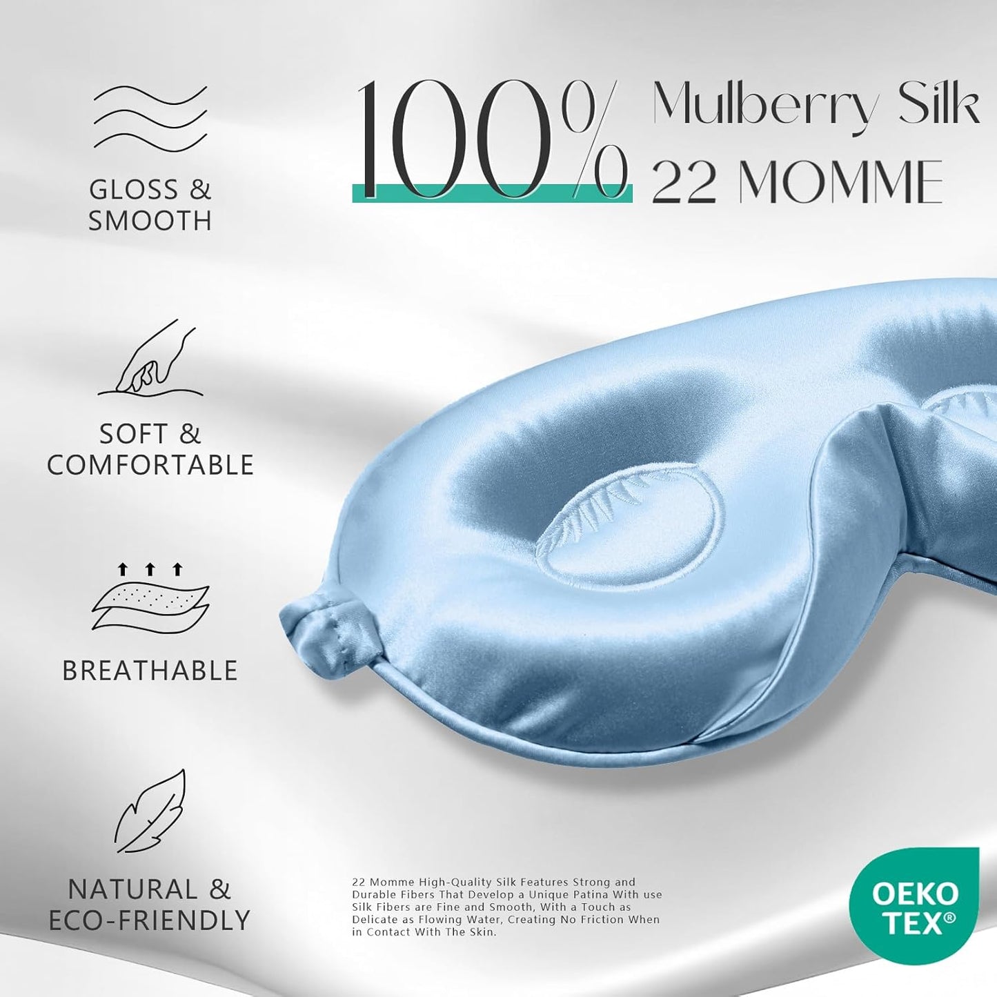 ZIMASILK Adjustable 22 Momme 100% Mulberry Silk Sleep Mask, Upgraded 3D Contoured Cup Eye Mask for Sleeping, Super Soft & Breathable Blindfold, Blackout for Deep Sleeping (Sky Blue)