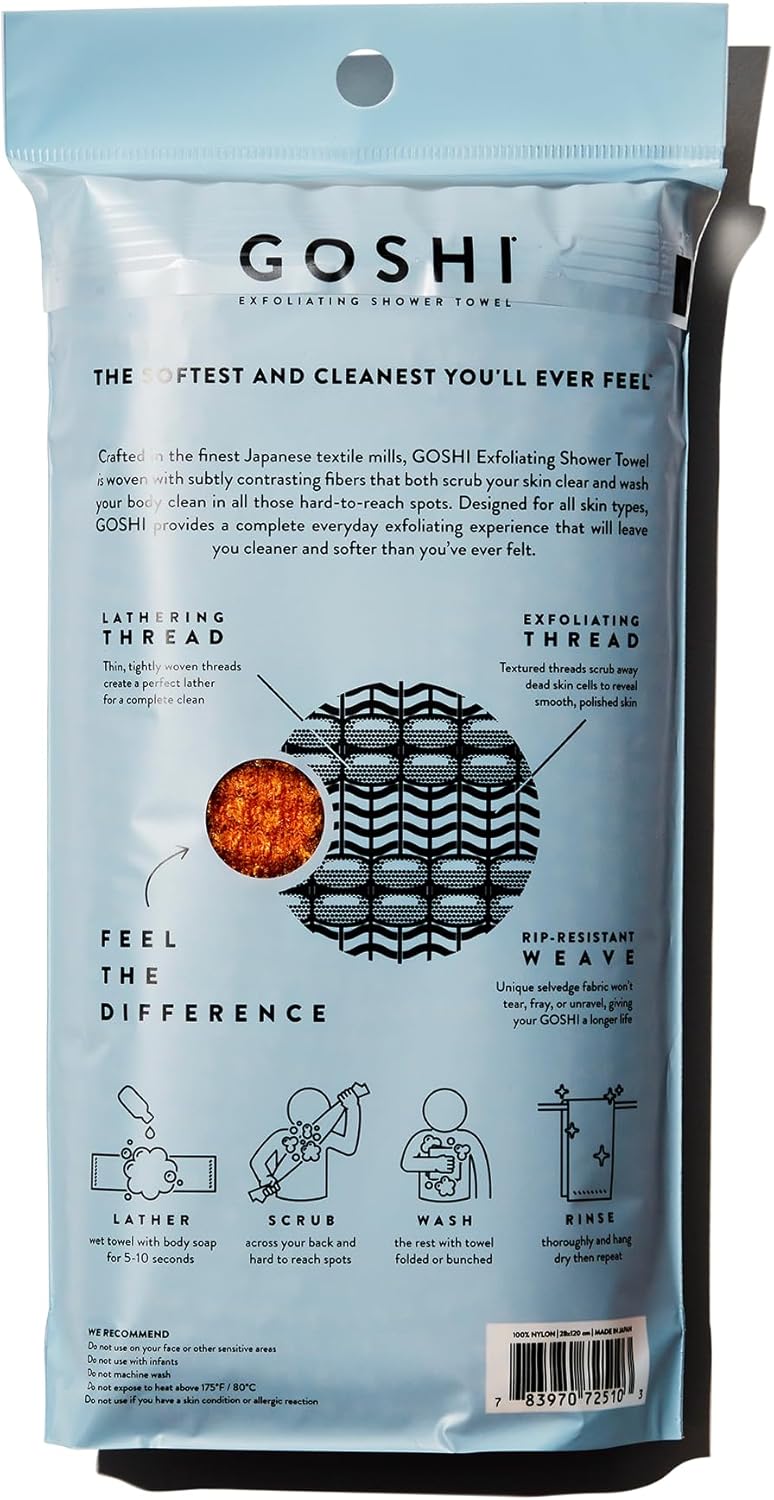 GOSHI Exfoliating Shower Towel - Rip-Resistant Exfoliating Washcloth for All Skin Types - Marigold Yellow - Made in Japan