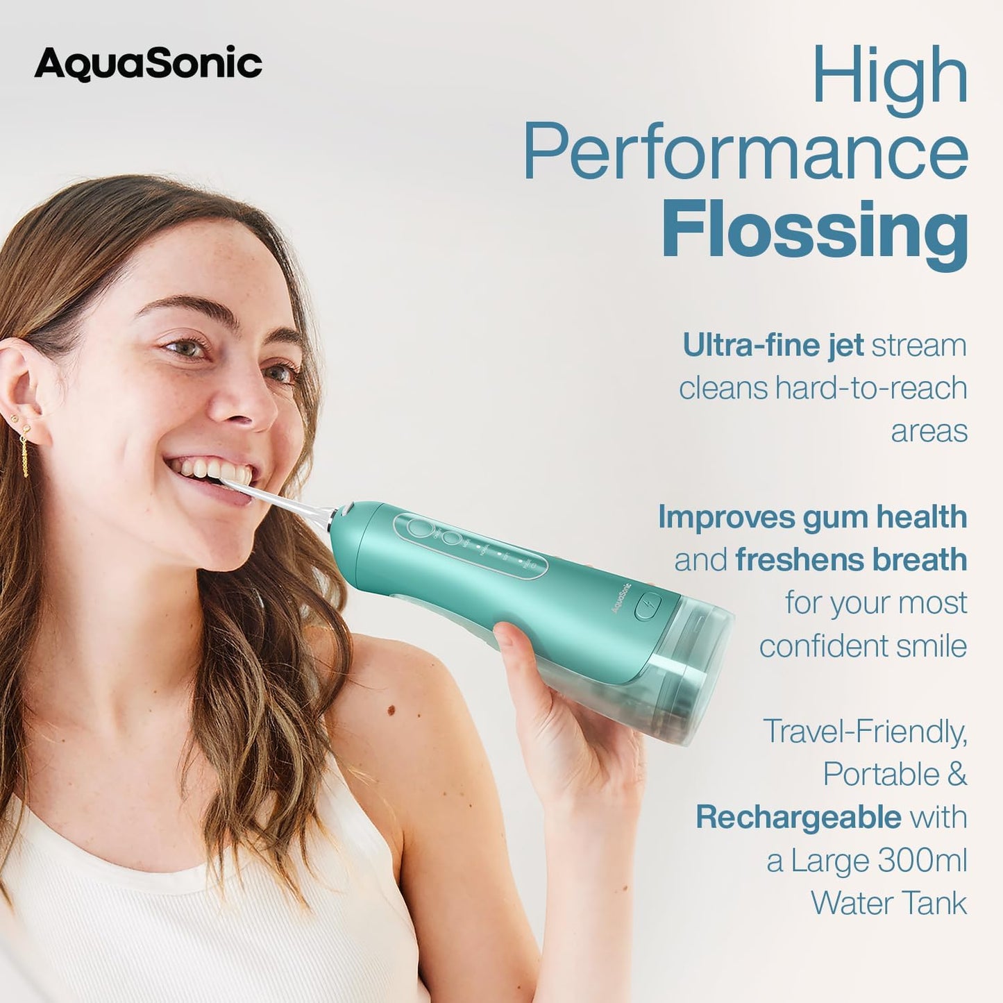 AquaSonic Aqua Flosser PRO - Rechargeable Cordless Water Flosser for Teeth, Gums & Tongue - Modern Design, 300ml Large Tank, 6 Jet Tips with Deluxe Tongue Nozzle, 3 Modes, Waterproof Mint Green