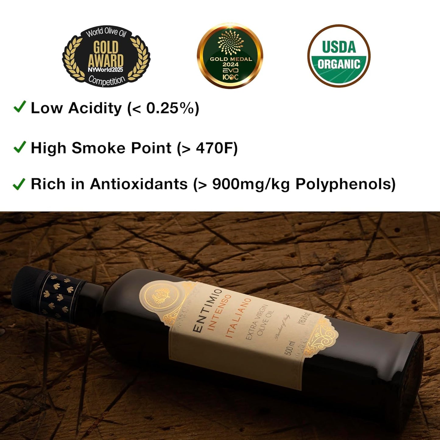 Entimio Intenso +900 mg/kg Polyphenol Rich Organic Extra Virgin Olive Oil, New 2024-2025 Early Harvest Italian Olive Oil from Puglia, Italy, 2025 Gold Winner, Cold Extracted, Lab Tested - 16.9 fl oz