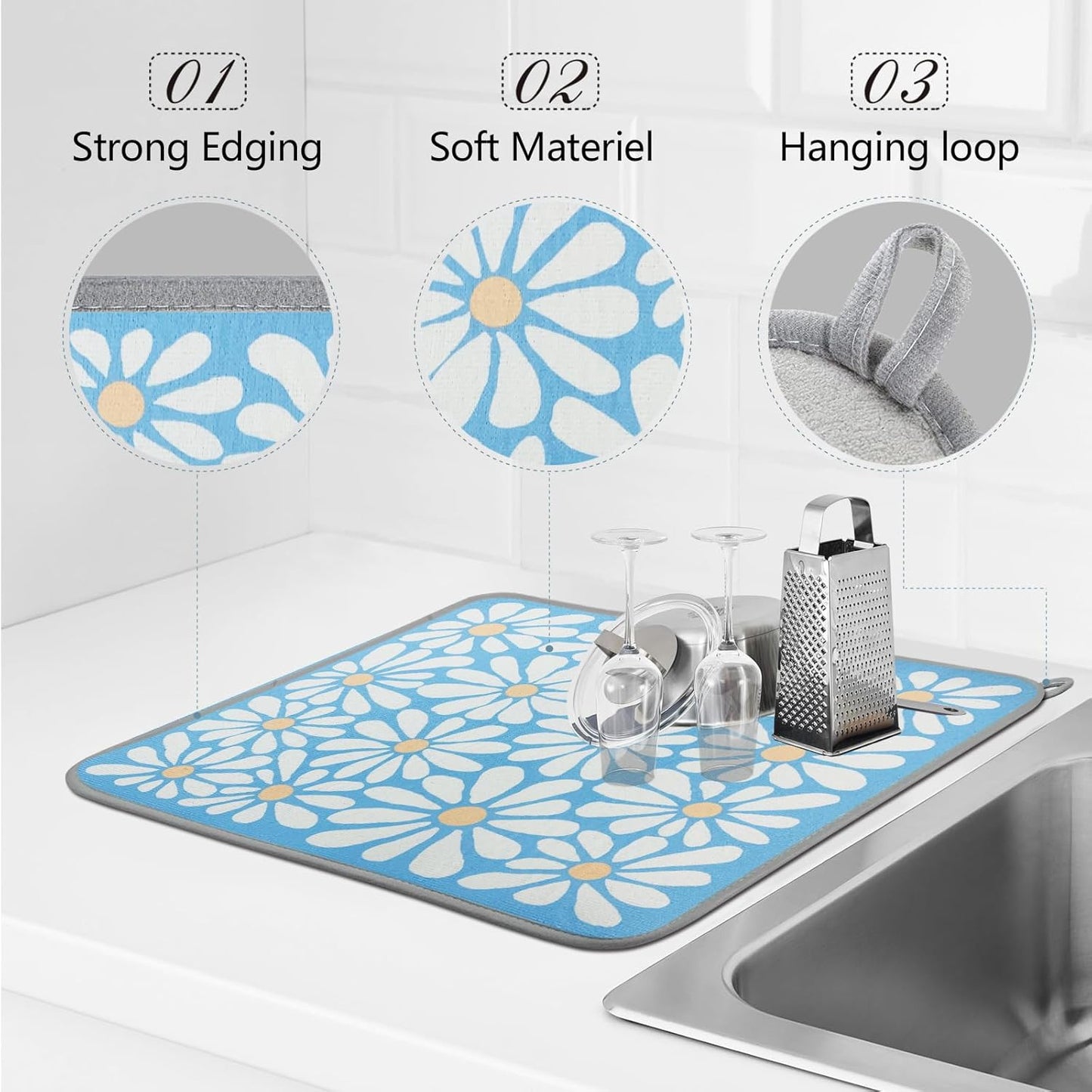 SHIYUE Dish Drying Mat for Kitchen Counter Super Absorbent Spring Kitchen Decor Microfiber Drying Matainers Rack Fast Pad Dish Drainer Mats(Sky Blue Flower,18''x24'')