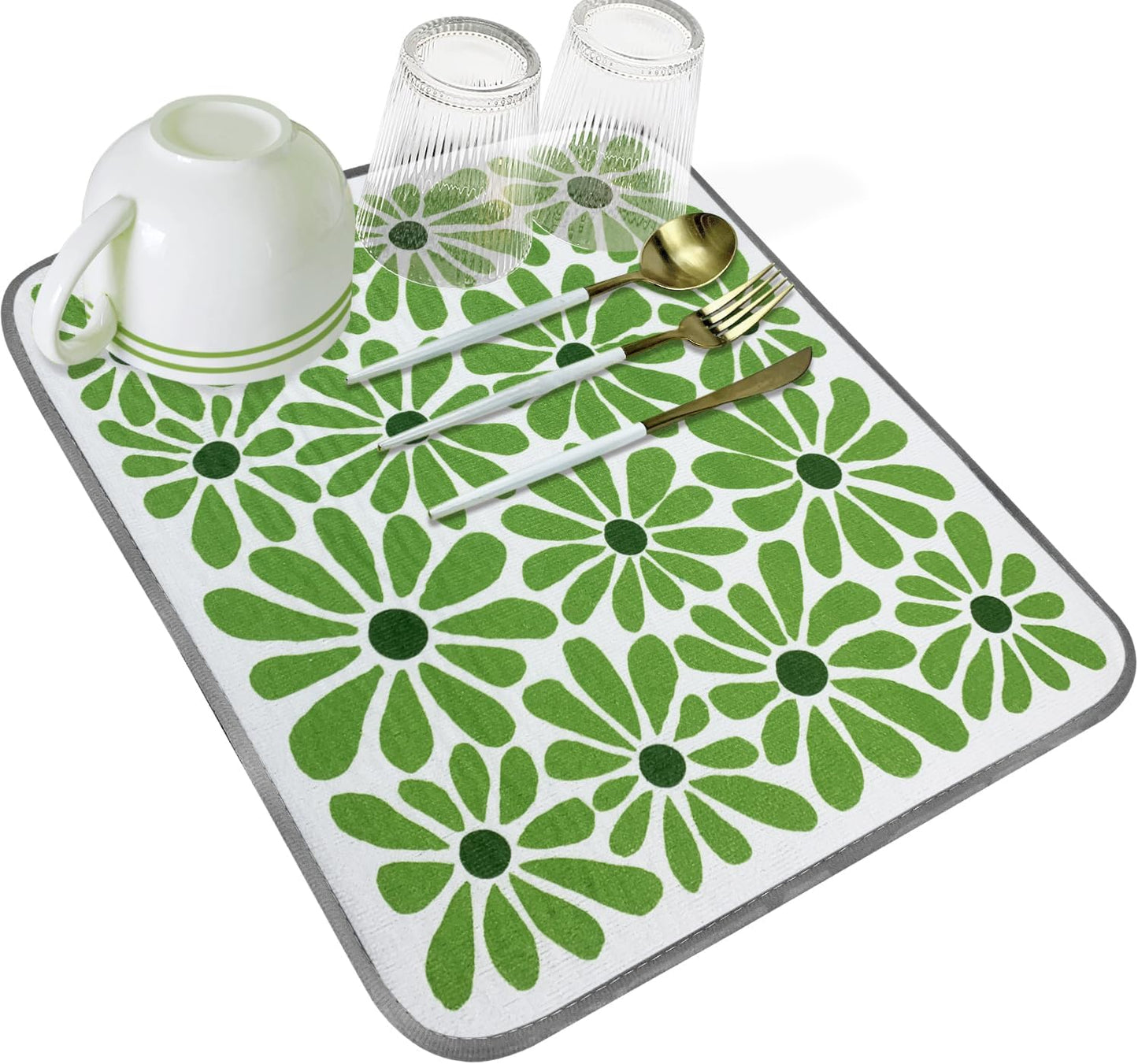SHIYUE Dish Drying Mat for Kitchen Counter Super Absorbent Spring Kitchen Decor Microfiber Drying Matainers Rack Fast Pad Dish Drainer Mats(Cute Green Flower,16''x18'')