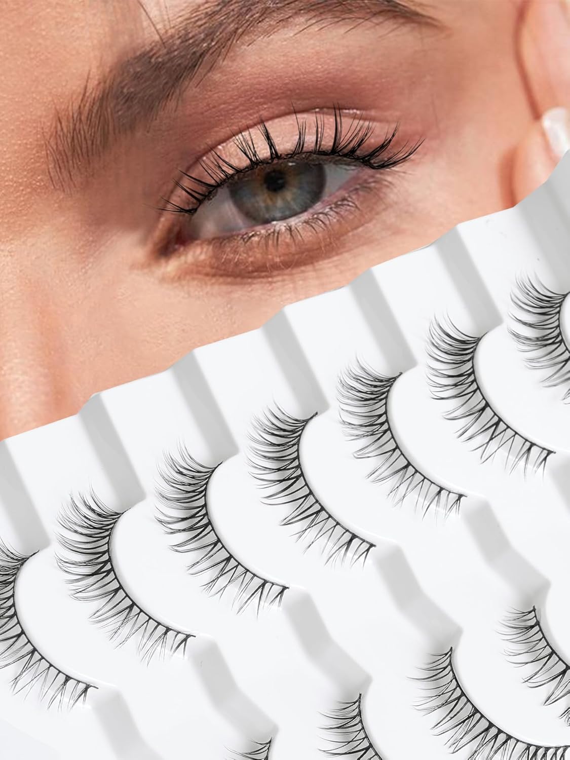 Natural Lashes Eyelashes 10mm Short Mink Lashes Wispy Eyelashes Thinner Band 3D Volume Cat Eye Lashes C Curl False Lashes 7 Pair by Siligli