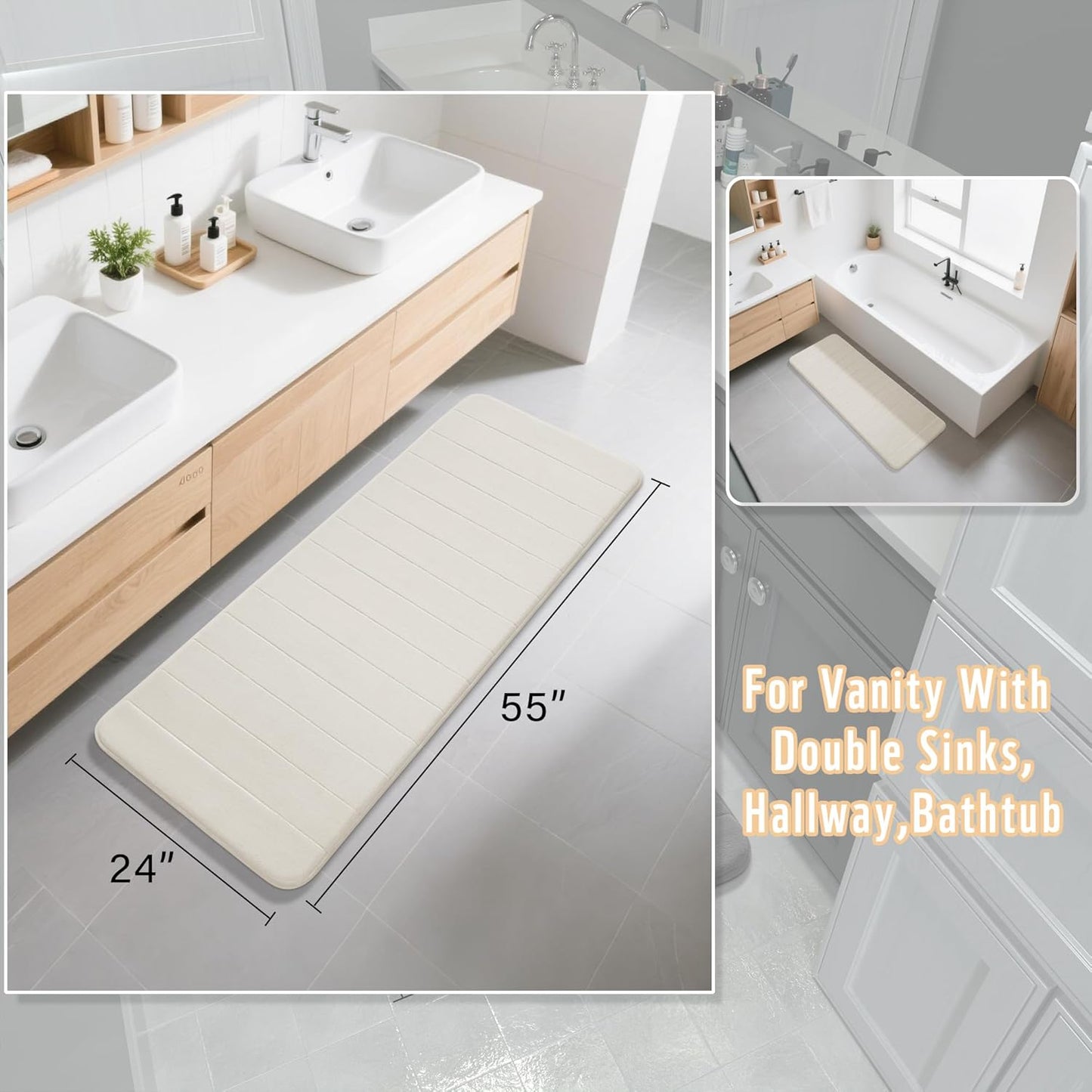 Yimobra Bathroom Runner 55"x24", Non Slip Memory Foam Bath Mat, Super Soft Water Absorbent Hallway Carpet, Machine Washable Rug for Vanity Tub Shower, Cream