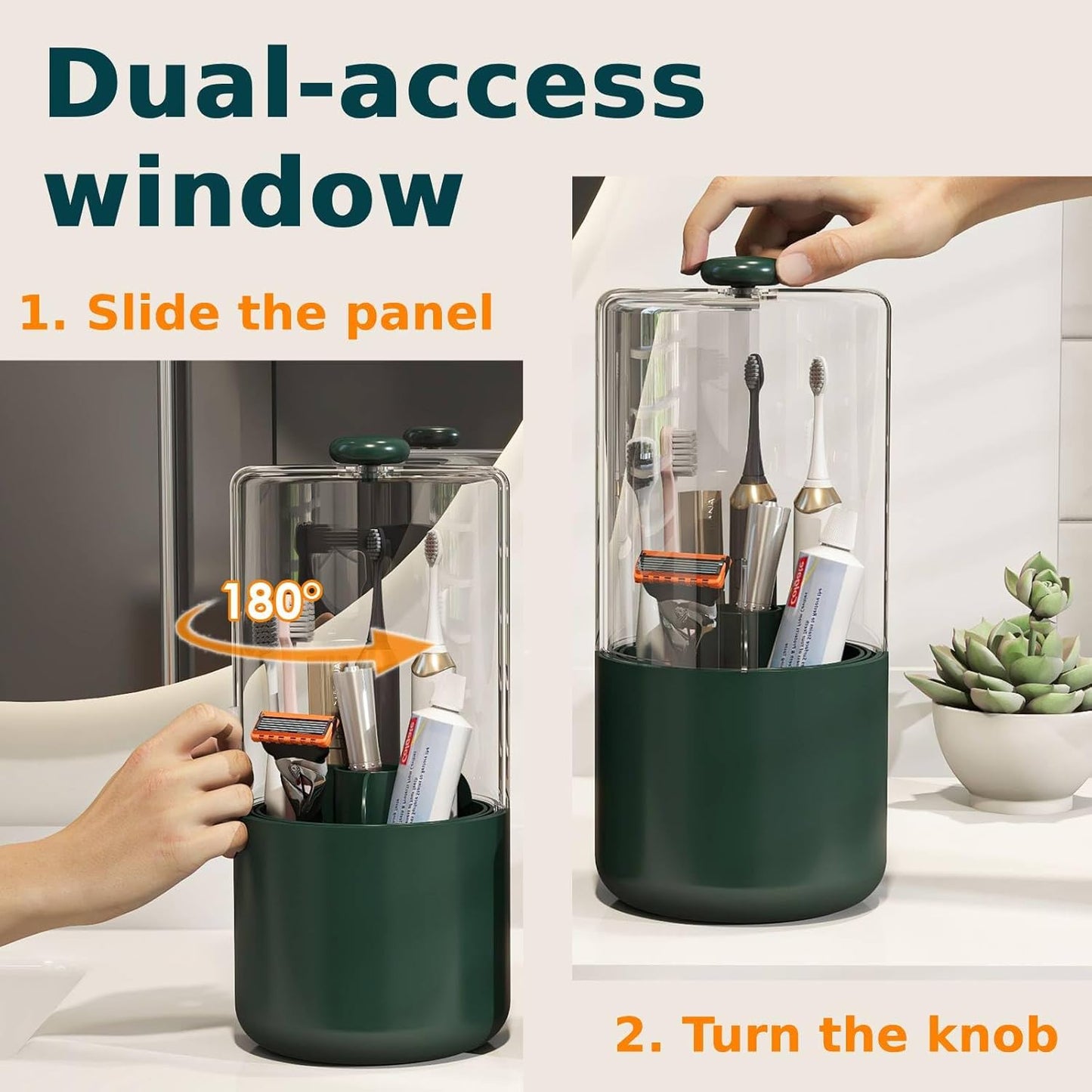 Toothbrush Holder with Cover 360 Rotating 4 Compartments Bathroom Toothpaste Electric Toothbrush Organizer, Dark Green