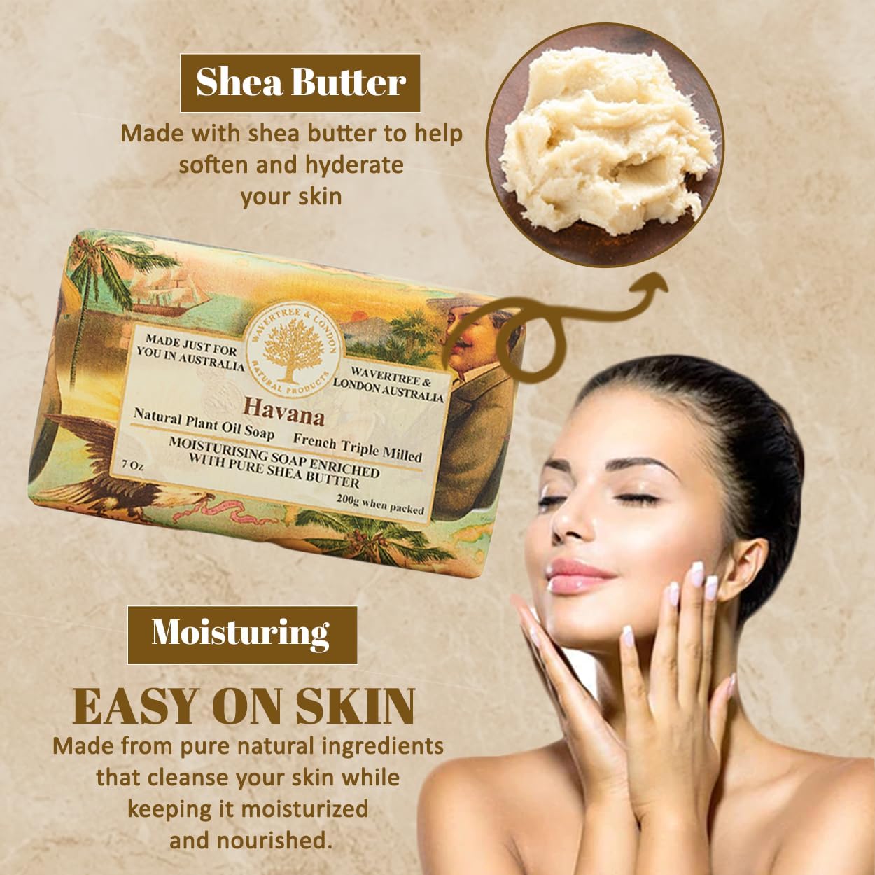 Wavertree & London Havana Scented Natural Soap Bar, 7oz Moisturizing French Triple Milled Soap Bar for Women & Men enriched with shea butter - Pure Bath & Body soap bar for All Skin Types