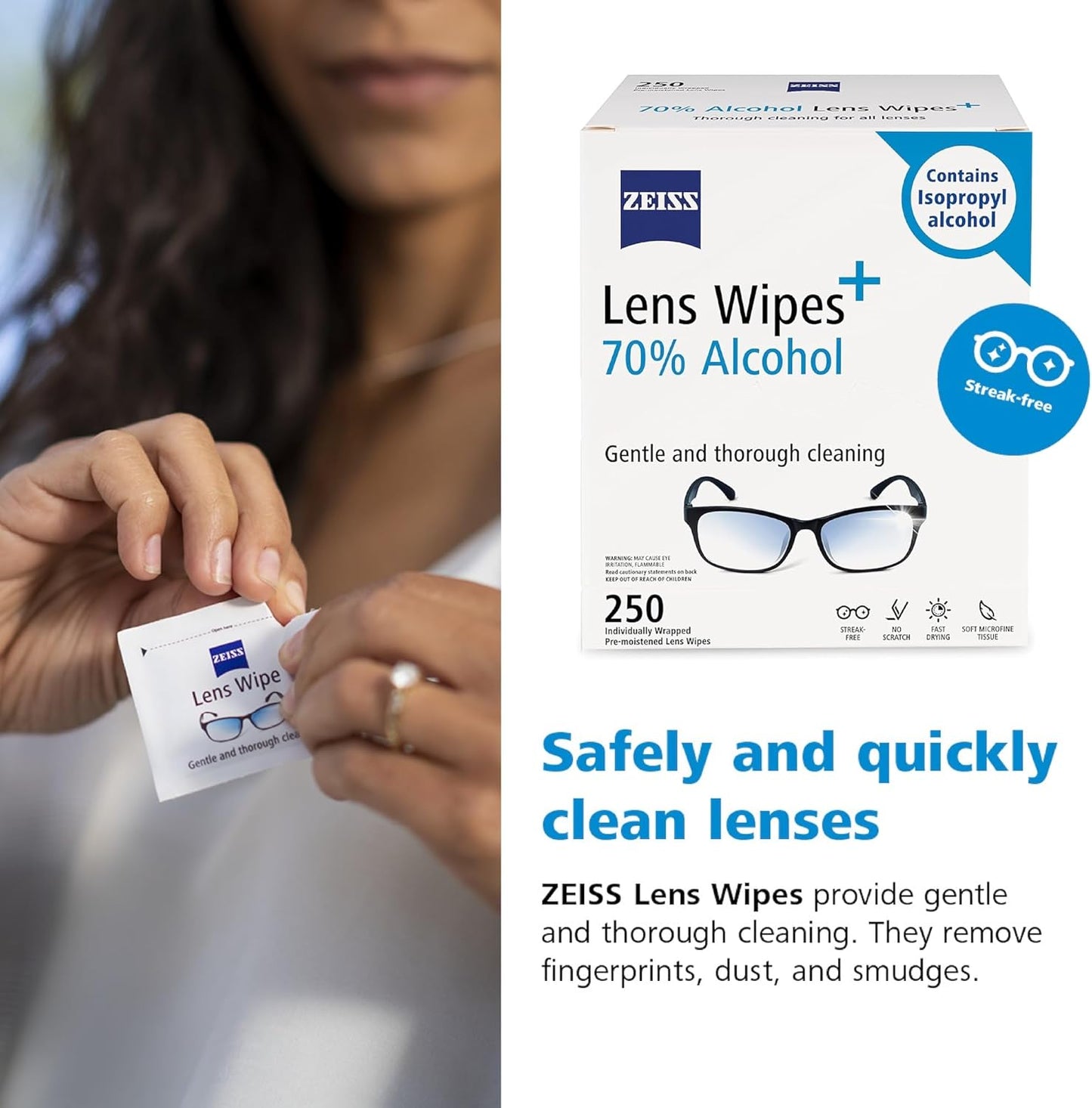 ZEISS Pre-Moistened Lens Cleaning Wipes with 70% Alcohol, 250 Count