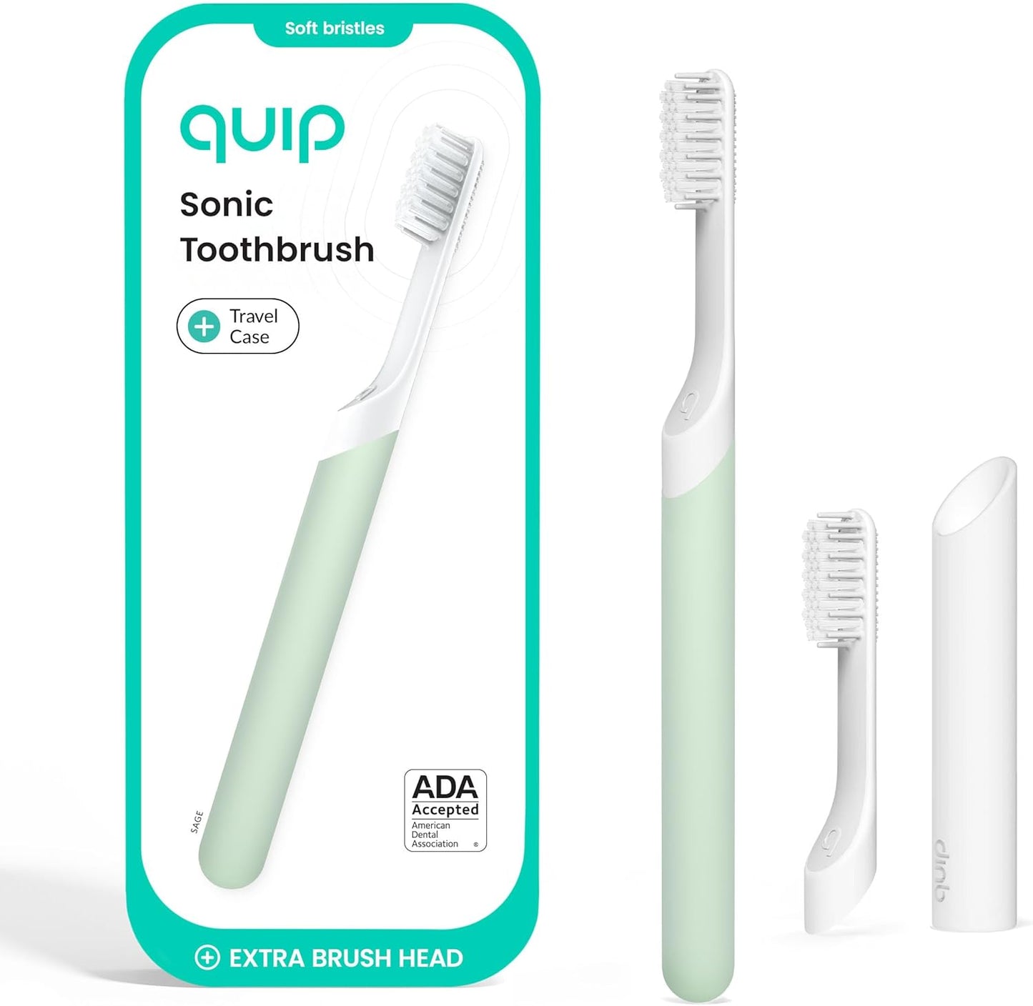 Quip Plastic Sonic Electric Toothbrush for Adults - Time Travel & Soft Bristles with Travel Case & Replacement Brush Head - 3 Month Battery Life - Sage Green