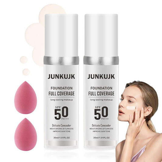 2PCS Color Changing Foundation with SPF 50 +++,Moisturizing Liquid Foundation Makeup Kit with 2 Makeup Sponges,Oil Control Long Lasting Non-greasy Full Coverage Concealer for All Skin Types