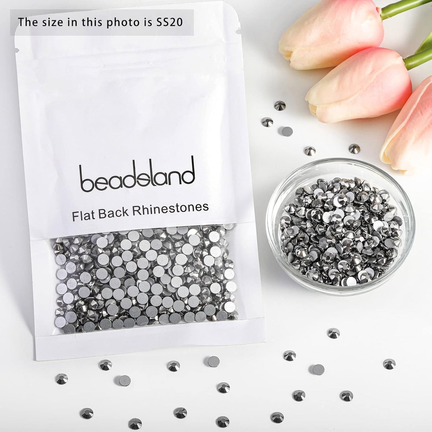 Beadsland 1440 Pieces Flat Back Crystal Rhinestones Round Gems,Hematite,SS20,4.6-4.8mm