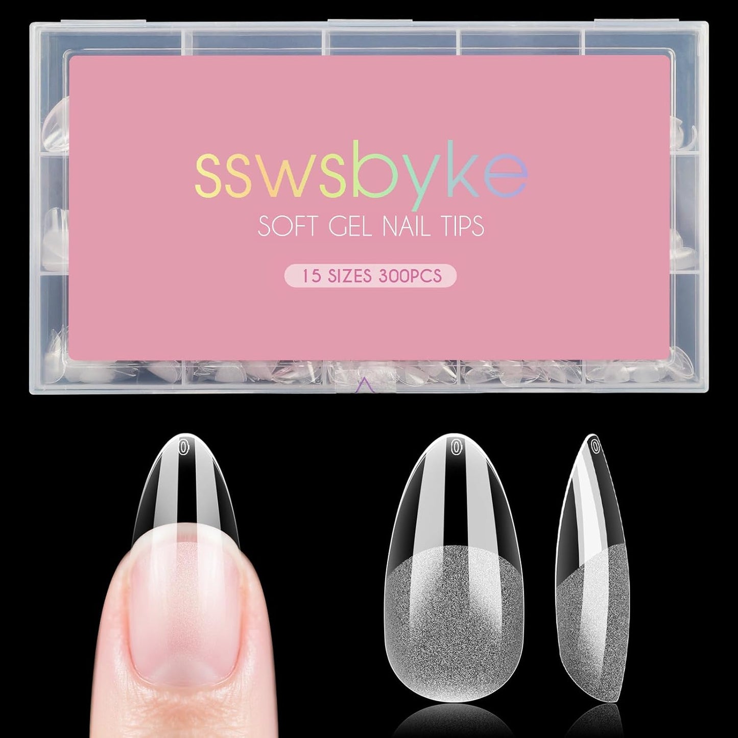 Medium Almond Nail Tips, SSWSBYKE 300pcs Soft Gel Nail Tips for Full Cover Pre-Shaped Acrylic Fake Nails Tips 15 Sizes Half Matte Press On Nails for Extension Home DIY Salon