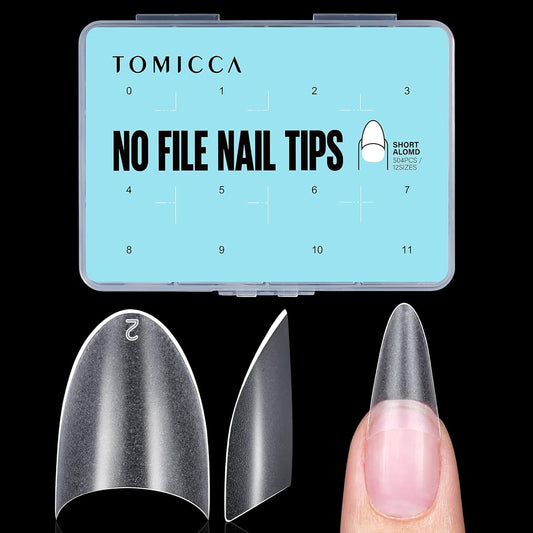 TOMICCA Short Almond Nail Tips, 504Pcs Full Matte Press on Half Cover Acrylic Nails,12 Sizes No C Curve Fake Nail Tips for Nail Extension Art Home DIY Nail Salon