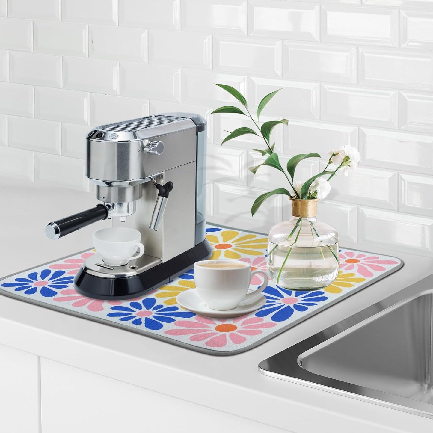 SHIYUE Dish Drying Mat for Kitchen Counter Super Absorbent Spring Kitchen Decor Microfiber Drying Matainers Rack Fast Pad Dish Drainer Mats(Color Flower,16''x18'')