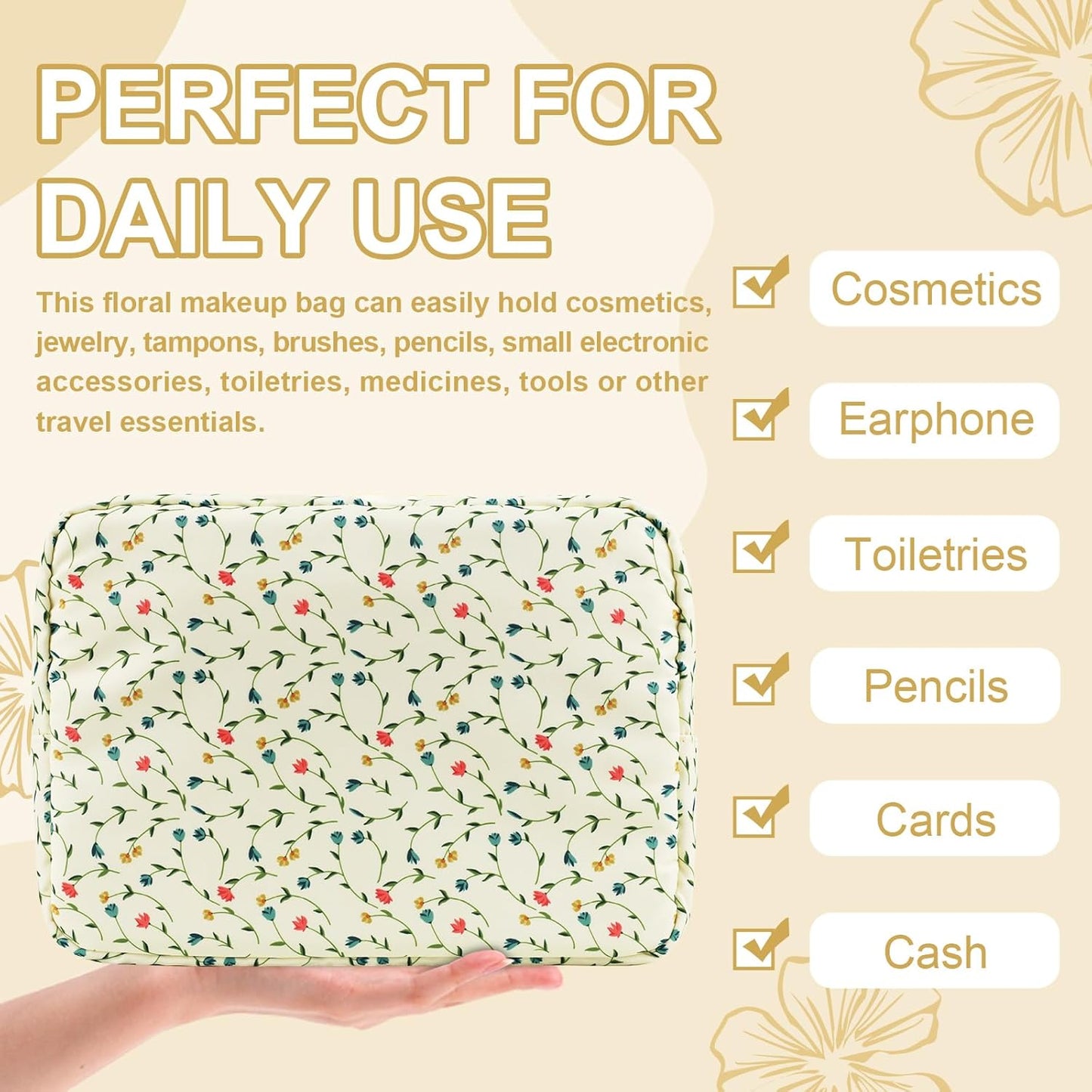 Waterproof Large Floral Makeup Bag Pouch,Nylon Travel Toiletry Storage Bag Preppy Flower Cosmetic Bag for Women Girl,Large Capacity Makeup Organizer Bag Cute Zipper Pouch(L Light Yellow-Flowers)