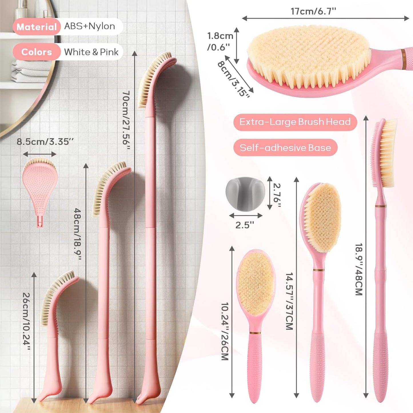 New Foot Brush & Back Scrubber Set 2PCS, 10.2''- 27.5'' Adjustable Foot Scrubber for Shower, 18.9'' Shower Back Scrubber with 3-Length Usage, Great Aid for People with Limited Mobility(Pink)