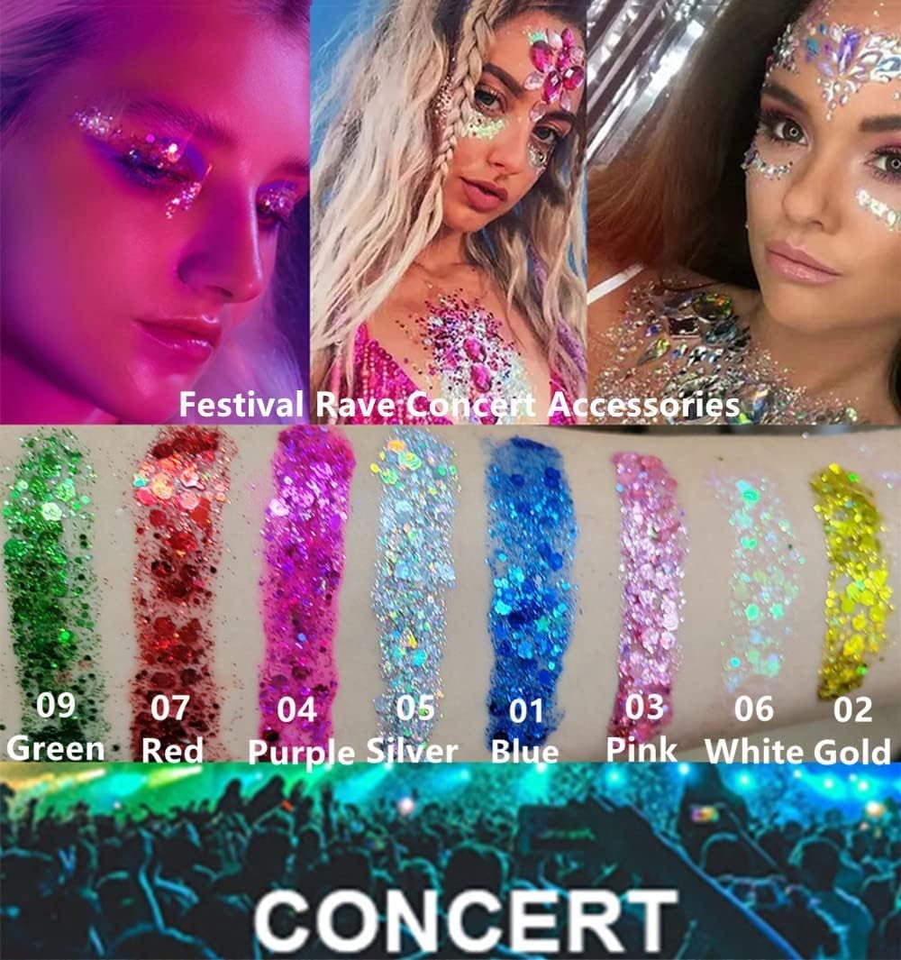 Go Ho Pink and White Body Glitter Set,Singer Concerts Face Glitter Gel Makeup,Holographic Long Lasting Chunky Sequins Glitters for Eye Lip Hair Nails,Festival Rave Accessories,White&Pink